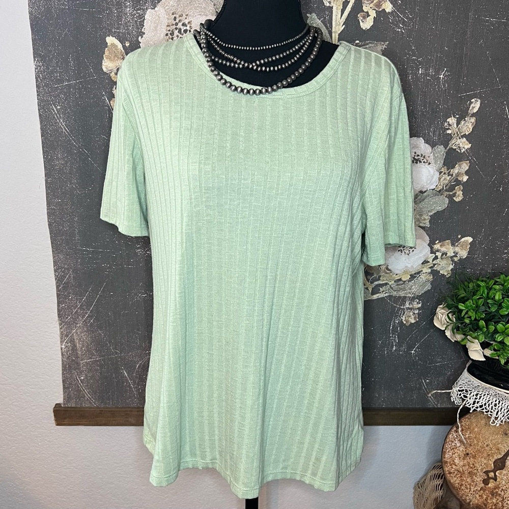 Vintage America Pastel Mint Sage‎ Green Basic Ribbed Tee Shirt Blouse Sz L